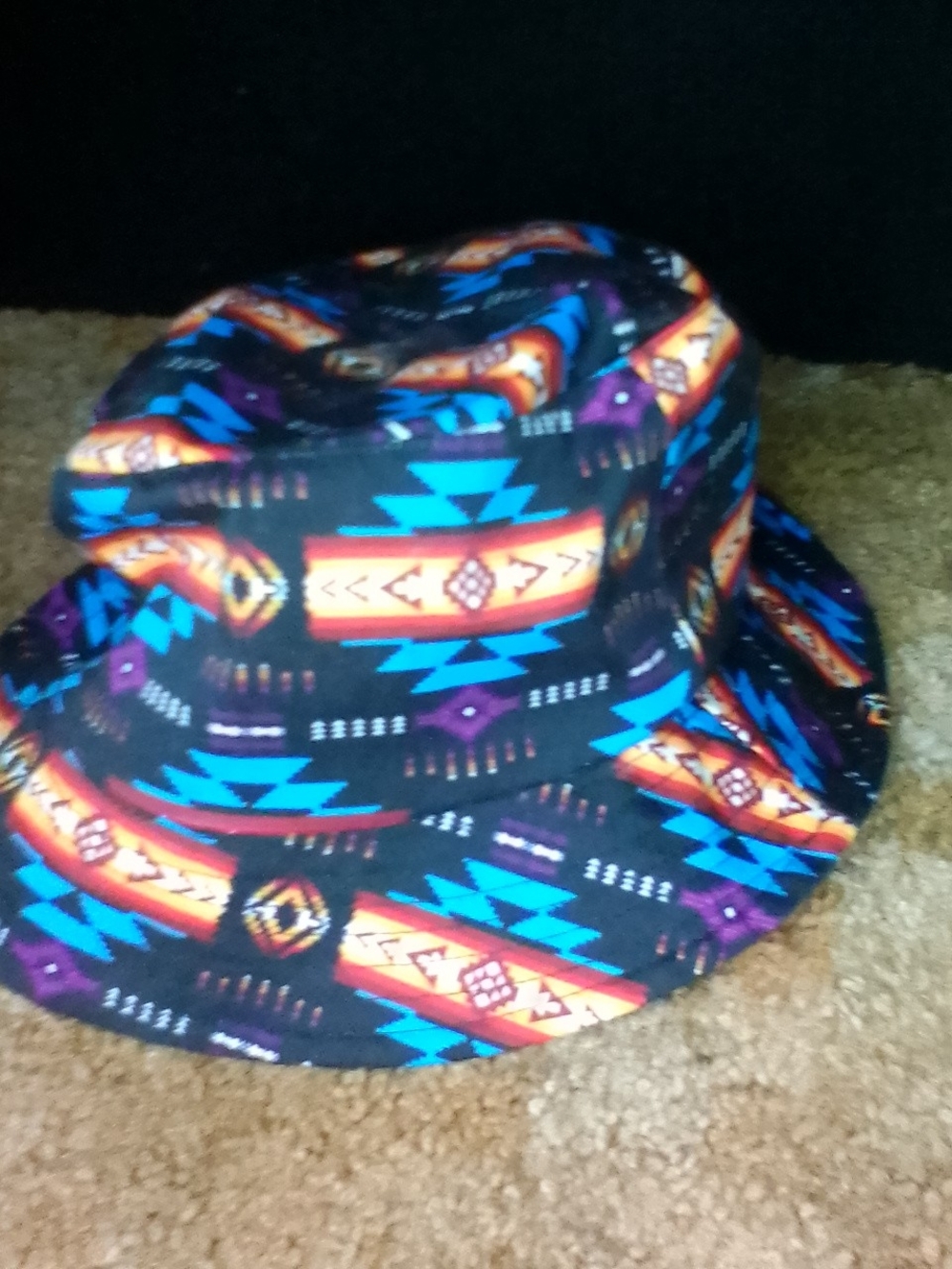 Adults One Size Aztec Print Bucket Hat - Black with Blue & Orange